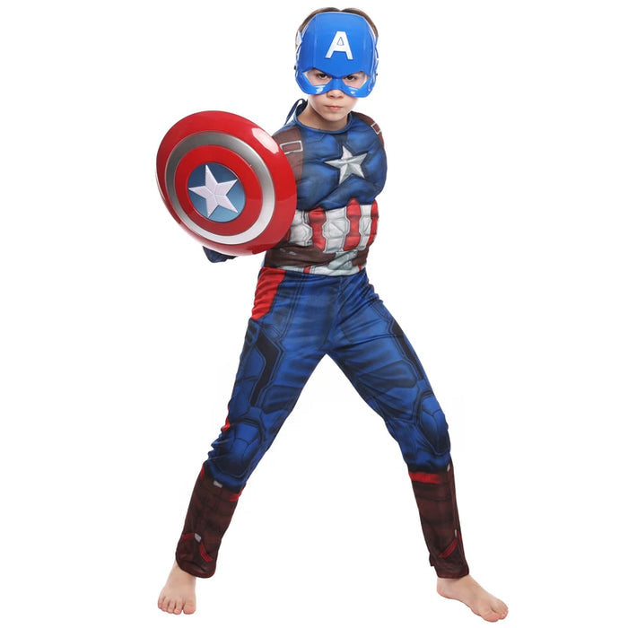 Fantasia Infantil Capitão América com máscara e roupa, em poliéster. Perfeita para crianças, ideal para brincadeiras mágicas, combina estilo e qualidade! (Escudo não incluso)