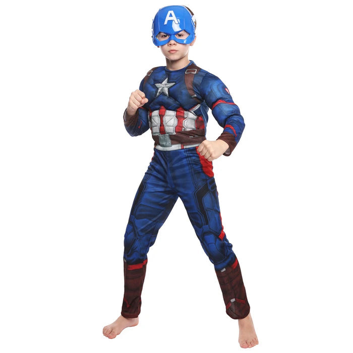 Fantasia Infantil Capitão América com máscara e roupa, em poliéster. Perfeita para crianças, ideal para brincadeiras mágicas, combina estilo e qualidade! (Escudo não incluso)