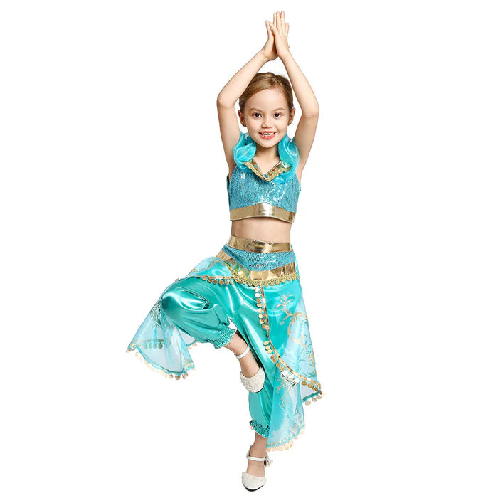 Fantasia Infantil Jasmine Aladdin com vestido, coroa, luva e varinha, em poliéster, cetim e voile. Perfeita para crianças, combina magia e conforto em aventuras!