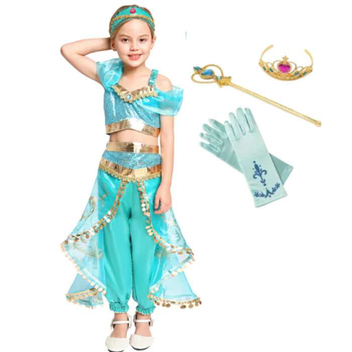 Fantasia Infantil Jasmine Aladdin com vestido, coroa, luva e varinha, em poliéster, cetim e voile. Perfeita para crianças, combina magia e conforto em aventuras!