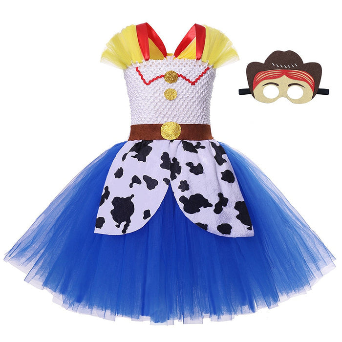Fantasia Infantil Jessie Toy Story com vestido e máscara, em nylon, algodão e viscose. Perfeita para crianças, combina magia e conforto em brincadeiras e festas temáticas!
