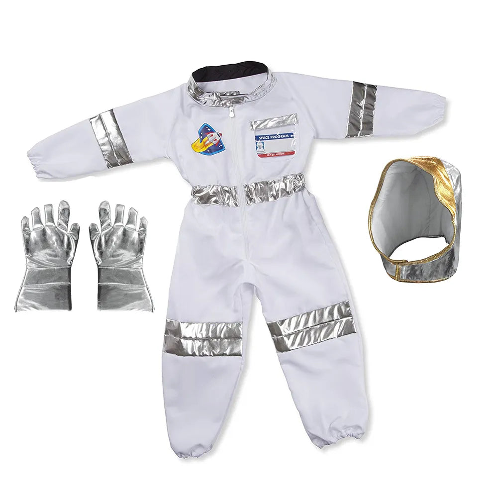 Fantasia Infantil Macacão Astronauta com macacão, capacete e luvas, em elastano. Perfeita para crianças, combina aventuras espaciais e conforto em brincadeiras mágicas!