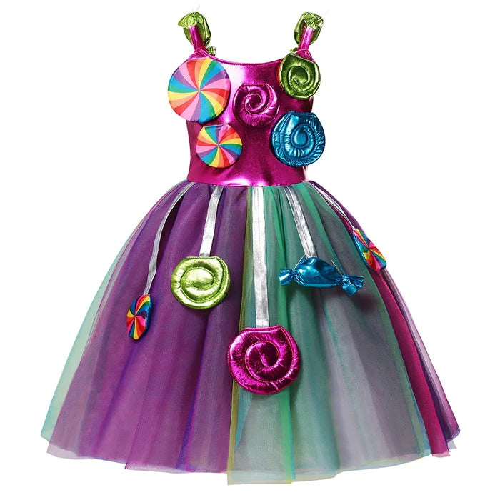 Fantasia Infantil Mágica de Doce com vestido e tiara, em poliéster e algodão. Perfeita para crianças, combina conforto e estilo em brincadeiras e festas mágicas!