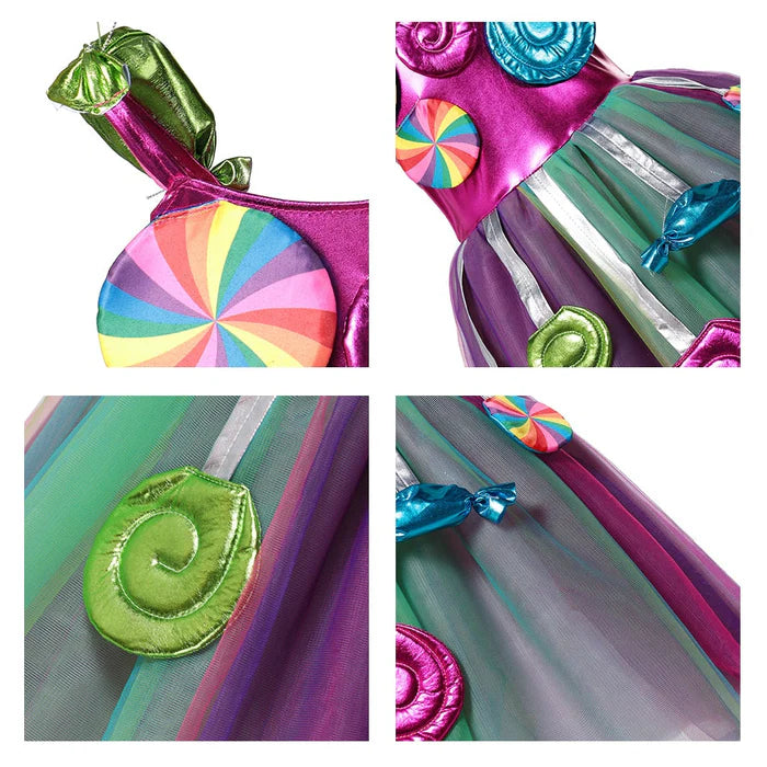 Fantasia Infantil Mágica de Doce com vestido e tiara, em poliéster e algodão. Perfeita para crianças, combina conforto e estilo em brincadeiras e festas mágicas!