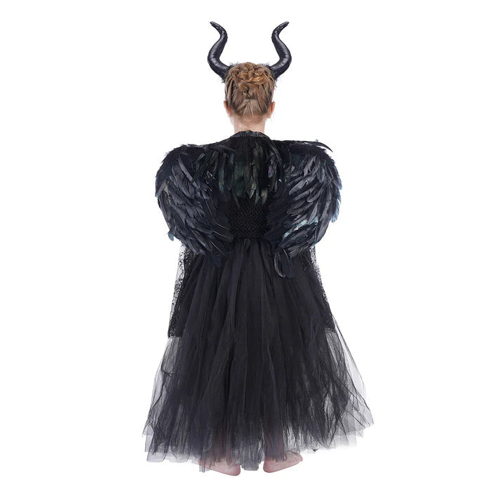 Fantasia Infantil Malévola Encantada com vestido, asas e tiara, em algodão e nylon. Perfeita para crianças em festas, com design autêntico da vilã cheia de magia!