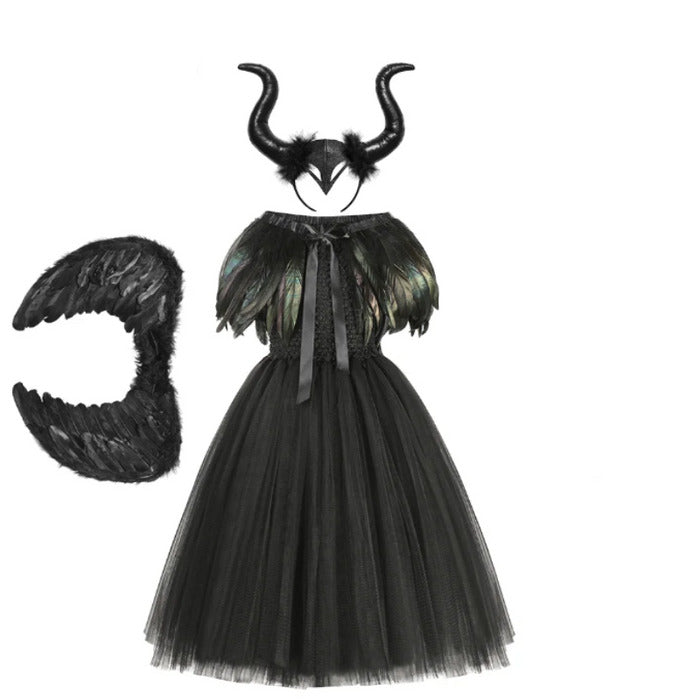 Fantasia Infantil Malévola Encantada com vestido, asas e tiara, em algodão e nylon. Perfeita para crianças em festas, com design autêntico da vilã cheia de magia!