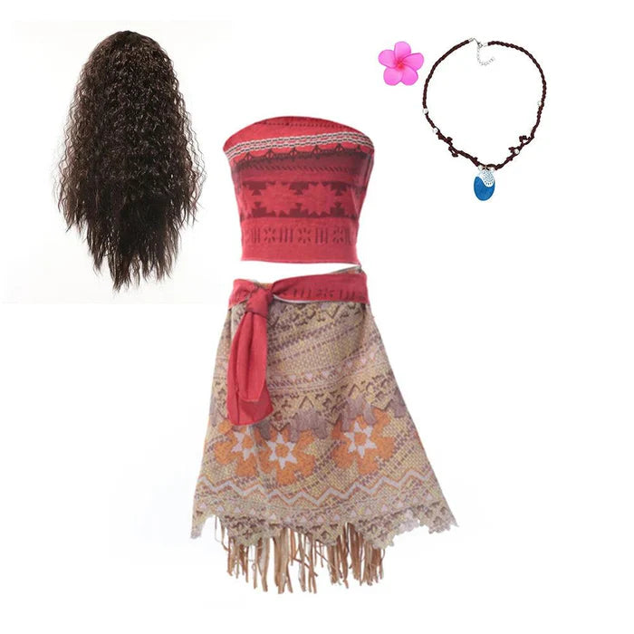Fantasia Infantil Moana com vestido e acessórios (colar, coroa, peruca, porquinho), em poliéster. Perfeita para crianças, combina magia e qualidade em brincadeiras!