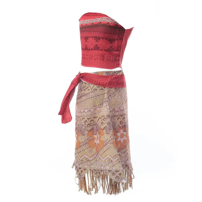Fantasia Infantil Moana com vestido e acessórios (colar, coroa, peruca, porquinho), em poliéster. Perfeita para crianças, combina magia e qualidade em brincadeiras!