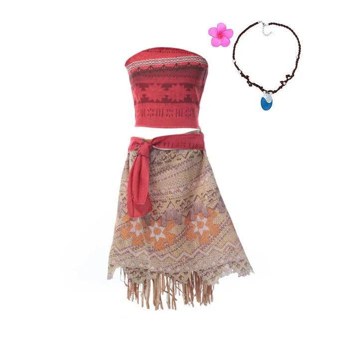 Fantasia Infantil Moana com vestido e acessórios (colar, coroa, peruca, porquinho), em poliéster. Perfeita para crianças, combina magia e qualidade em brincadeiras!