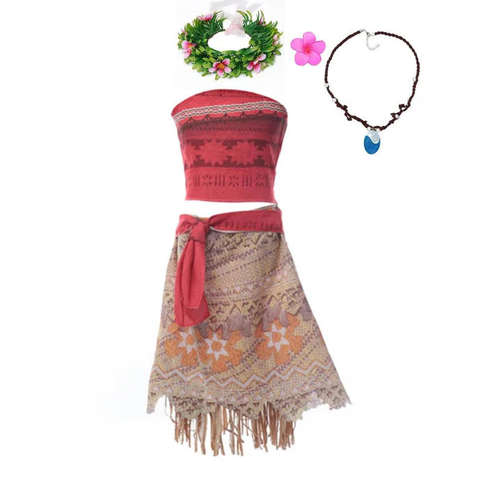 Fantasia Infantil Moana com vestido e acessórios (colar, coroa, peruca, porquinho), em poliéster. Perfeita para crianças, combina magia e qualidade em brincadeiras!