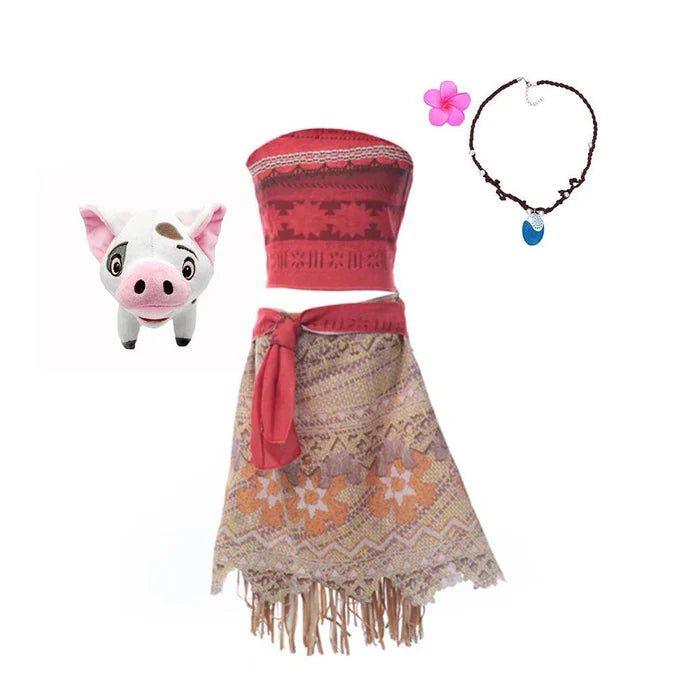 Fantasia Infantil Moana com vestido e acessórios (colar, coroa, peruca, porquinho), em poliéster. Perfeita para crianças, combina magia e qualidade em brincadeiras!