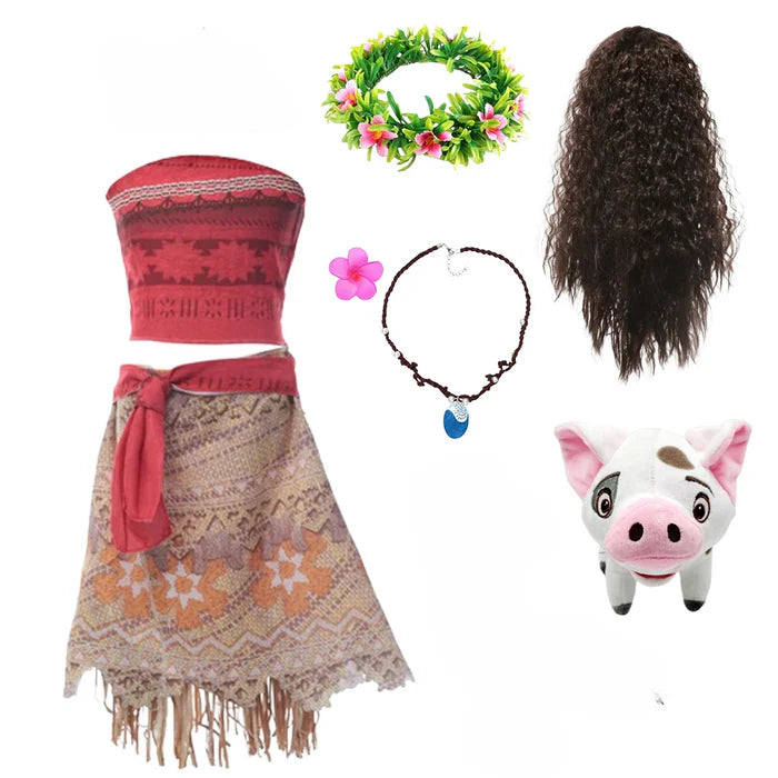 Fantasia Infantil Moana com vestido e acessórios (colar, coroa, peruca, porquinho), em poliéster. Perfeita para crianças, combina magia e qualidade em brincadeiras!