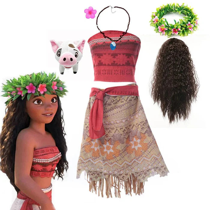 Fantasia Infantil Moana com vestido e acessórios (colar, coroa, peruca, porquinho), em poliéster. Perfeita para crianças, combina magia e qualidade em brincadeiras!
