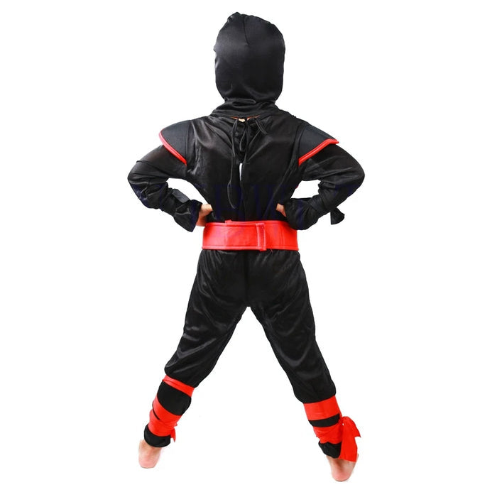 Fantasia Infantil Ninja das Sombras com macacão, máscara, luvas e acessórios, em spandex. Perfeita para crianças em festas e brincadeiras com estilo ninja misterioso!