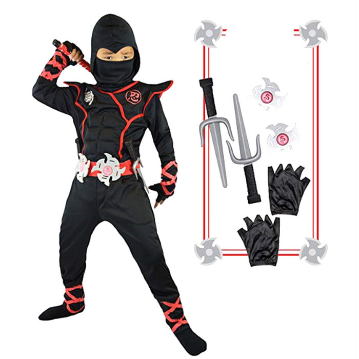Fantasia Infantil Ninja das Sombras com macacão, máscara, luvas e acessórios, em spandex. Perfeita para crianças em festas e brincadeiras com estilo ninja misterioso!