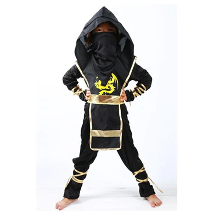 Fantasia Infantil Ninja Ouro com calça, camisa, cinto e máscara, em poliéster. Perfeita para crianças, ideal para festas e brincadeiras com design ninja dourado mágico!