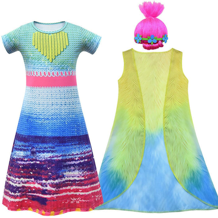 Fantasia Infantil Poppy Popstar Trolls 2 com vestido, colete e cabelo, em poliéster. Perfeita para crianças em festas e brincadeiras, inspirada na popstar de Trolls!