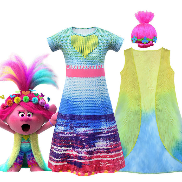 Fantasia Infantil Poppy Popstar Trolls 2 com vestido, colete e cabelo, em poliéster. Perfeita para crianças em festas e brincadeiras, inspirada na popstar de Trolls!