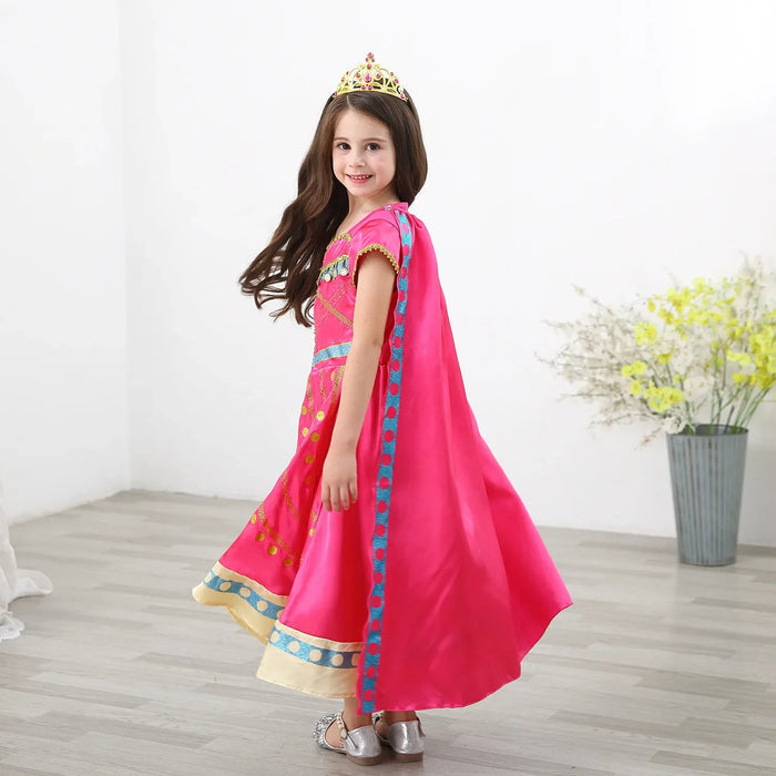 Fantasia Infantil Princesa Jasmine Rosa com vestido, coroa e varinha, em poliéster. Perfeita para crianças, ideal para festas e brincadeiras mágicas com estilo oriental!
