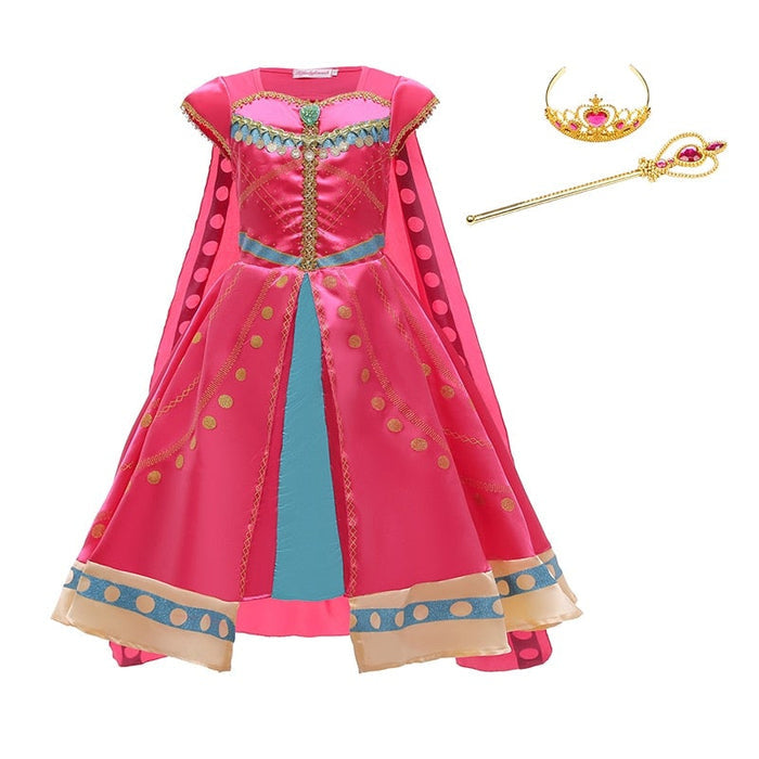 Fantasia Infantil Princesa Jasmine Rosa com vestido, coroa e varinha, em poliéster. Perfeita para crianças, ideal para festas e brincadeiras mágicas com estilo oriental!