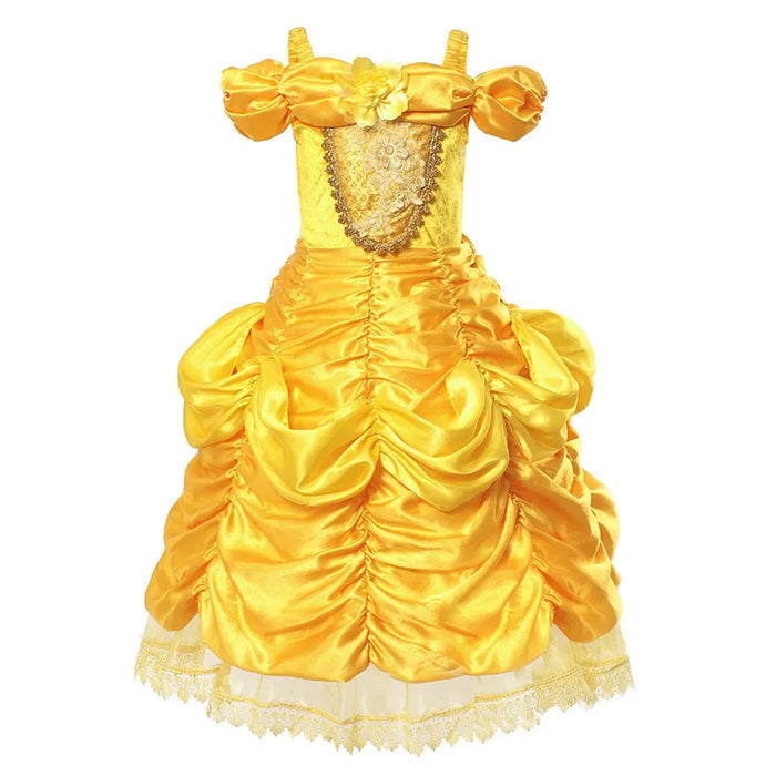 Fantasia Infantil Princesa Dourada Bela com vestido, coroa, luvas, pulseira, colar, brincos e varinha, em cetim, voil e poliéster. Perfeita para crianças em festas mágicas!