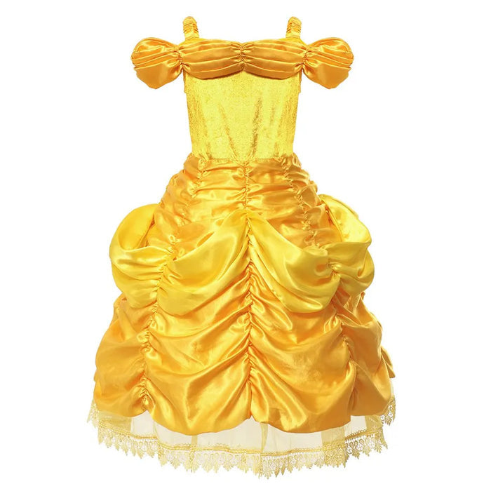 Fantasia Infantil Princesa Dourada Bela com vestido, coroa, luvas, pulseira, colar, brincos e varinha, em cetim, voil e poliéster. Perfeita para crianças em festas mágicas!