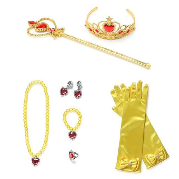 Fantasia Infantil Princesa Dourada Bela com vestido, coroa, luvas, pulseira, colar, brincos e varinha, em cetim, voil e poliéster. Perfeita para crianças em festas mágicas!