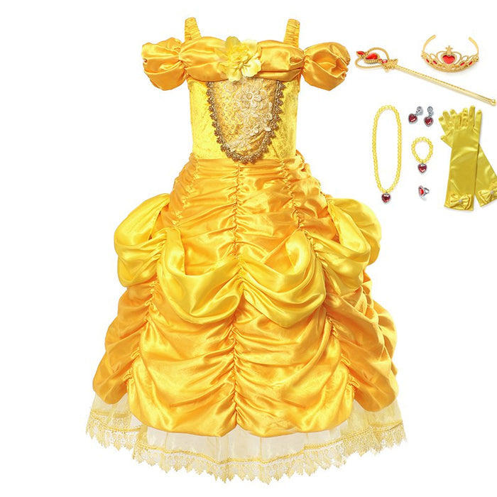 Fantasia Infantil Princesa Dourada Bela com vestido, coroa, luvas, pulseira, colar, brincos e varinha, em cetim, voil e poliéster. Perfeita para crianças em festas mágicas!