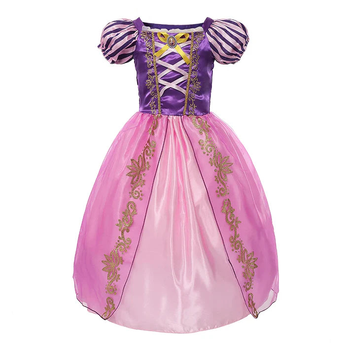 Fantasia Infantil Princesa Rapunzel com vestido, coroa, luvas, varinha e cabelo, em malha, algodão e poliéster. Perfeita para crianças em festas e eventos encantados!