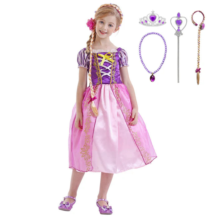 Fantasia Infantil Princesa Rapunzel com vestido, coroa, luvas, varinha e cabelo, em malha, algodão e poliéster. Perfeita para crianças em festas e eventos encantados!