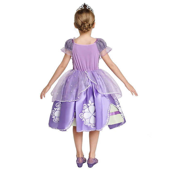 Fantasia Infantil Princesinha Sofia com vestido, coroa, luvas e varinha, em algodão e poliéster. Perfeita para crianças em festas e brincadeiras com charme de realeza!