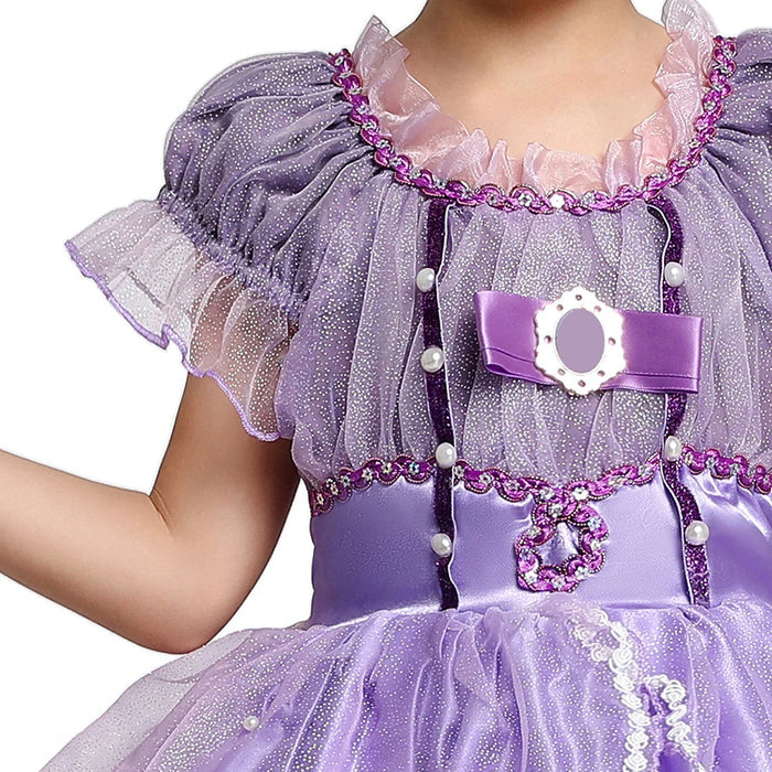 Fantasia Infantil Princesinha Sofia com vestido, coroa, luvas e varinha, em algodão e poliéster. Perfeita para crianças em festas e brincadeiras com charme de realeza!