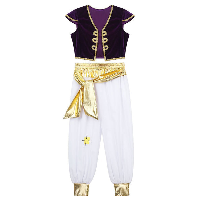 Fantasia Infantil Príncipe Aladdin em poliéster, perfeita para crianças. Ideal para festas e brincadeiras, traz o estilo mágico do herói de Agrabah com conforto!