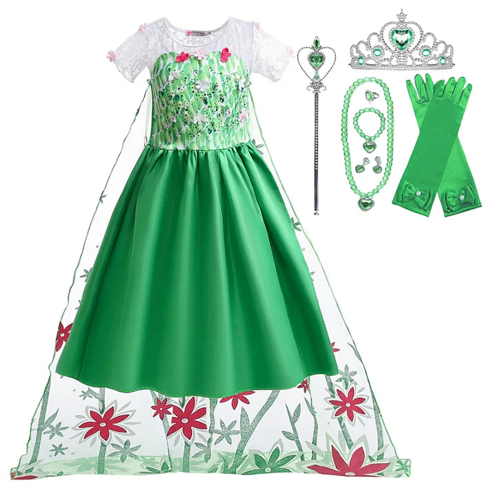 Fantasia Infantil Rainha Elsa Frozen com vestido, coroa, luvas, varinha e joias, em algodão, cotton e voil. Perfeita para crianças em festas e eventos com estilo mágico!