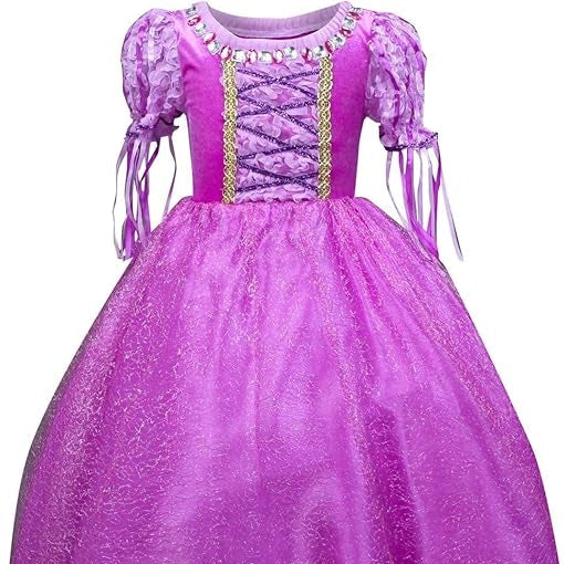 Fantasia Infantil Rapunzel Festa com vestido em voil, malha e algodão. Perfeita para crianças em ocasiões especiais, com design mágico da princesa de cabelos dourados!