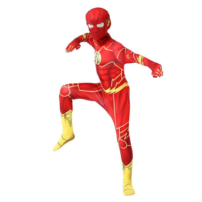 Fantasia Infantil Super Velocidade Flash com roupa e máscara, em poliéster. Perfeita para crianças, combina aventuras mágicas e qualidade em brincadeiras e festas!