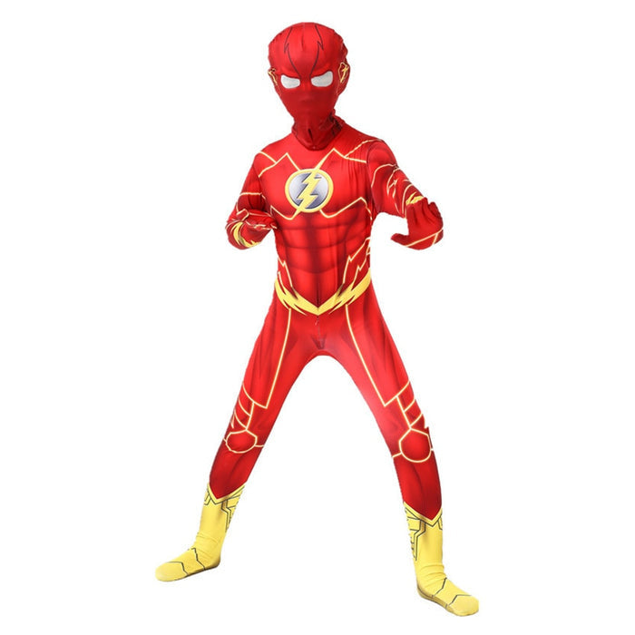 Fantasia Infantil Super Velocidade Flash com roupa e máscara, em poliéster. Perfeita para crianças, combina aventuras mágicas e qualidade em brincadeiras e festas!