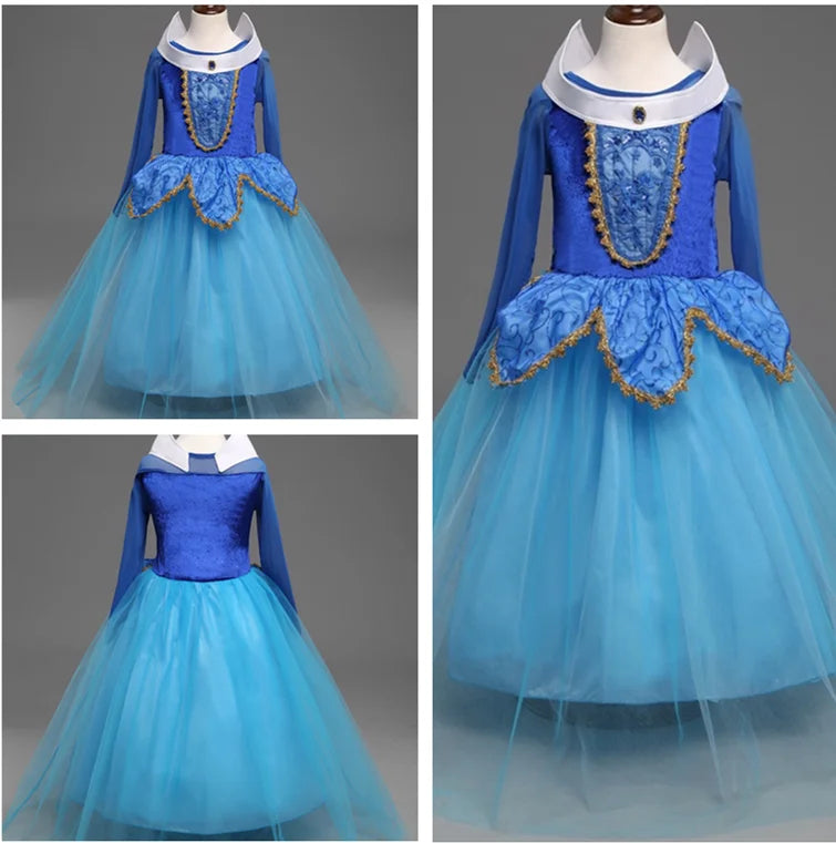 Fantasia Infantil Aurora Azul Clássico com vestido, varinha e coroa, em poliéster e viscose. Perfeita para crianças em festas, com design mágico da Bela Adormecida!