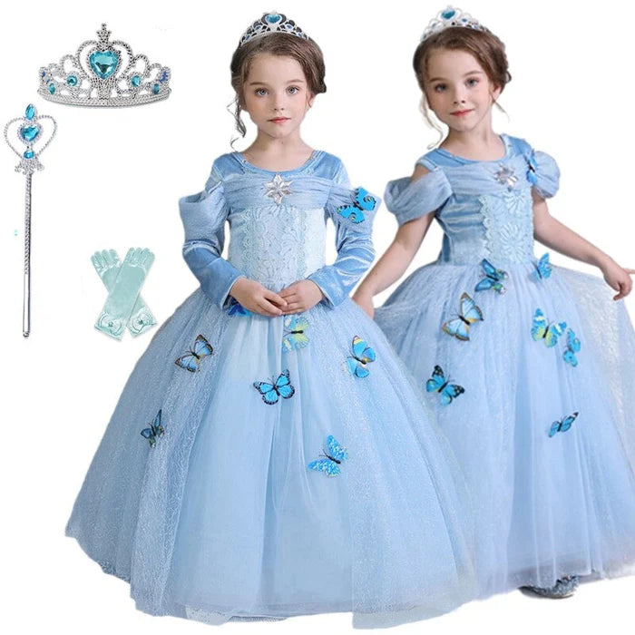 Fantasia Infantil Cinderela Baile Real com vestido, varinha, luva e coroa, em poliéster e viscose. Perfeita para crianças em festas e eventos com magia de conto de fadas!