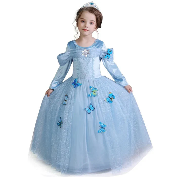 Fantasia Infantil Cinderela Baile Real com vestido, varinha, luva e coroa, em poliéster e viscose. Perfeita para crianças em festas e eventos com magia de conto de fadas!