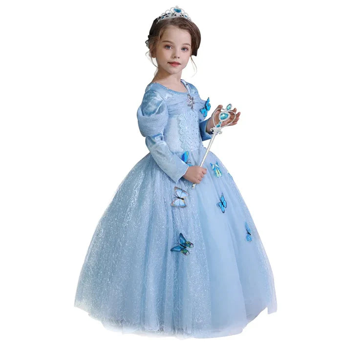 Fantasia Infantil Cinderela Baile Real com vestido, varinha, luva e coroa, em poliéster e viscose. Perfeita para crianças em festas e eventos com magia de conto de fadas!