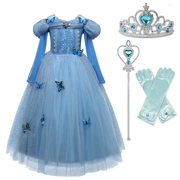 Fantasia Infantil Cinderela Baile Real com vestido, varinha, luva e coroa, em poliéster e viscose. Perfeita para crianças em festas e eventos com magia de conto de fadas!