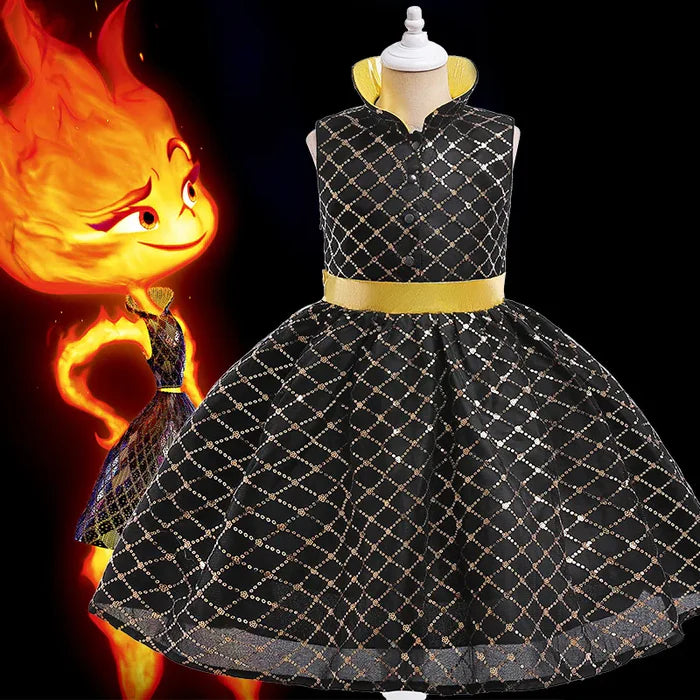 Fantasia Infantil Vestido Faísca Elementos, em poliéster, malha e cetim. Perfeita para crianças, ideal para brincadeiras e festas com estilo mágico de Elementos!