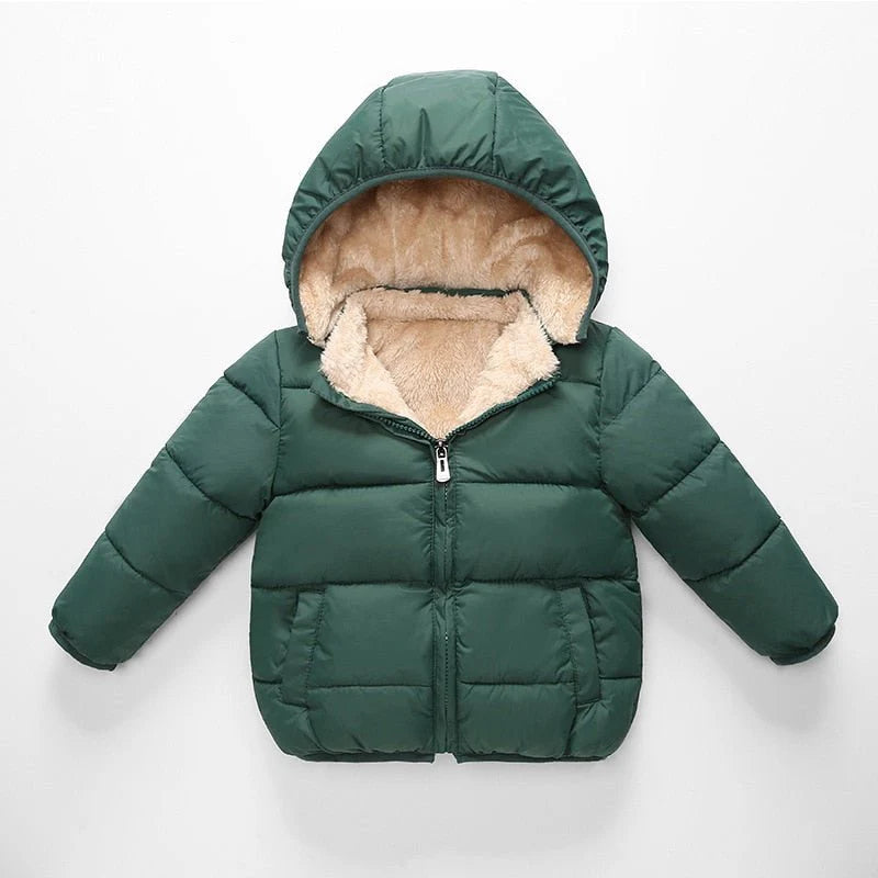 Jaqueta Infantil com Forro Peluciado e Capuz Removível Unissex, quente e estilosa, em poliéster e algodão. Ideal para crianças no inverno, com isolamento térmico!