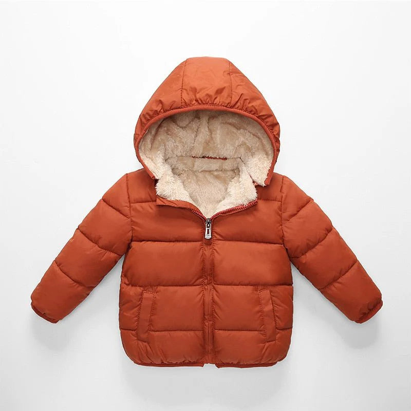 Jaqueta Infantil com Forro Peluciado e Capuz Removível Unissex, quente e estilosa, em poliéster e algodão. Ideal para crianças no inverno, com isolamento térmico!