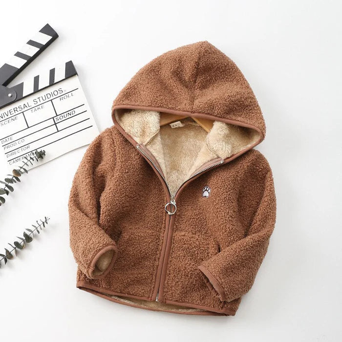Jaqueta Infantil em Algodão com Capuz, quente e estilosa, com forro de pelúcia e isolamento térmico. Perfeita para crianças no inverno, confortável e durável!