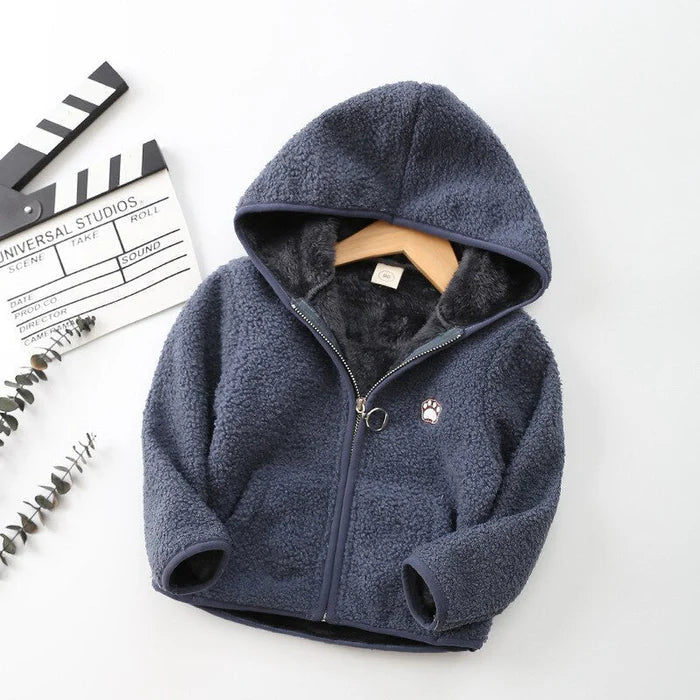 Jaqueta Infantil em Algodão com Capuz, quente e estilosa, com forro de pelúcia e isolamento térmico. Perfeita para crianças no inverno, confortável e durável!