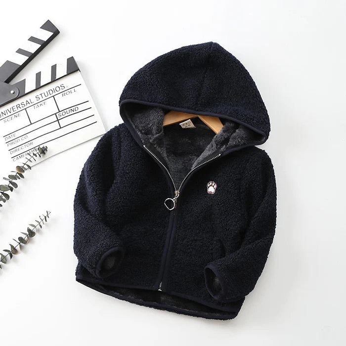 Jaqueta Infantil em Algodão com Capuz, quente e estilosa, com forro de pelúcia e isolamento térmico. Perfeita para crianças no inverno, confortável e durável!