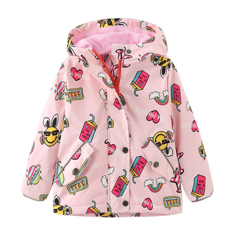 Jaqueta Infantil Estampada com Capuz Unissex, quente e estilosa, com forro de pelúcia e isolamento térmico. Perfeita para crianças no inverno, em poliéster e algodão!