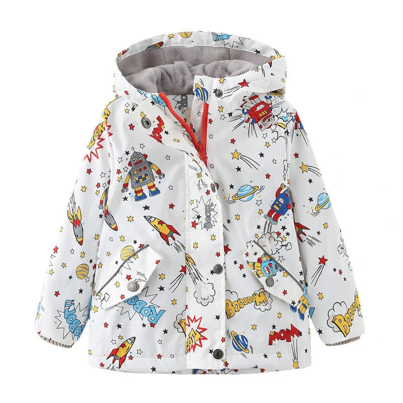 Jaqueta Infantil Estampada com Capuz Unissex, quente e estilosa, com forro de pelúcia e isolamento térmico. Perfeita para crianças no inverno, em poliéster e algodão!